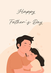 Gentle illustration of a father hugging his young daughter with Happy Fathers Day script.