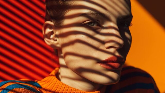 Close-up artistic video in which the female face is drawn by geometric and regular linear shadows creating a unique and refined abstract effect.