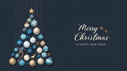 Christmas balls vector design. Merry christmas greeting text with hanging xmas balls, candy cane, snowflakes and stars decoration elements in podium stage elegant blue background. Vector illustration