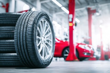 New tire stack in the car workshop. Prepared for vehicle that need to change tires. Auto tire shop. Changing wheel in a professional car mechanical service. Garage or repair shop. Selective focus