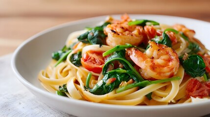 Appetizing dish of fettuccine pasta tossed with succulent grilled shrimp vibrant spinach and sweet cherry tomatoes presented in a modern white bowl on a rustic wooden surface