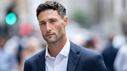 Fototapeta premium Close up portrait of a professional businessman with sharp features and a blue suit standing outdoors in a busy urban environment with blurred traffic lights in the background