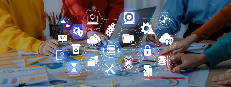 Data recovery icons show backup, data recovery process, and secure restoration. Data recovery ensures system reliability, data recovery protection, and information access. Entice