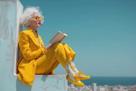 An eccentric elderly lady with silver hair and a matching yellow outfit reads a book while sitting on a low wall, her hair blowing in the wind.