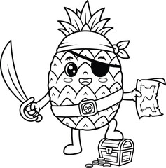 Pirate Pineapple Cartoon Coloring Page - Tropical Fruit Character Line Art Vector