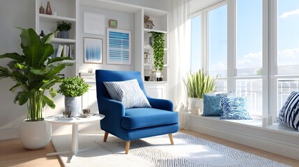 Modern living room with a blue armchair lush green plants and built in bookshelves bathed in sunlight from a large window creating a serene and inviting atmosphere