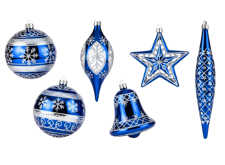 Set of various blue and silver Christmas baubles and hanging decorations isolated on white background.