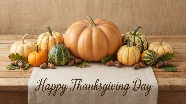 Happy Thanksgiving Day greeting text on runner with autumn pumpkins and harvest gourds on rustic wood