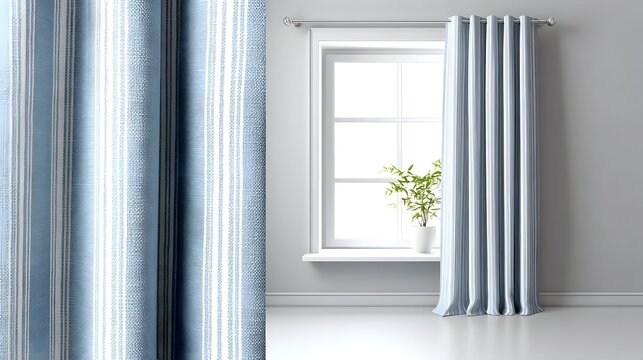 Close up of textured blue and white striped fabric curtains hung beside a bright window featuring a small green potted plant on the sill creating a fresh interior decor