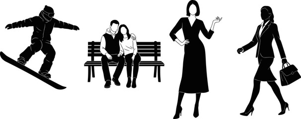 Silhouette illustration of snowboarder, romantic couple, confident woman, and businesswoman, black and white concept art showing lifestyle and activities