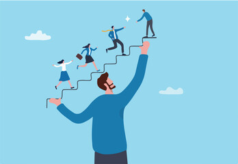 Support employee to reach success and career growth, mentor or coaching help employee engagement, working community, teamwork or career development, businessman manager