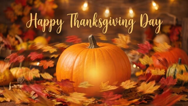 Happy Thanksgiving Day greeting message on warm autumn background with pumpkin and fall leaves - Powered by Adobe