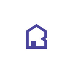 A modern, minimalist logo design featuring an abstract house shape cleverly integrated with the letters R and B, presented as a clean purple outline on a pure white background.