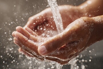 Close-up image of hands cupped under flowing water, droplets visible