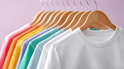 A collection of basic crewneck t shirts in a spectrum of bright pastel colors displayed neatly on wooden hangers for a clean and stylish presentation