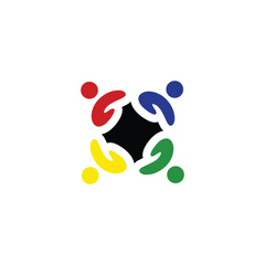 A vibrant logo featuring four stylized figures or hands in red, blue, green, and yellow, forming a circular shape around a dark center, symbolizing unity, diversity, and collaboration.