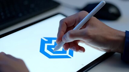Creative designer uses digital pen for creating a unique, artistic logo on a tablet for branding - Powered by Adobe