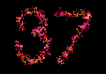 Number Thirty-seven, 37, made with multicolored bokeh lights effect, Bokeh on black background, Digit, Blur, Glitter, Defocused, Seamless polka dot pattern, Illustration design