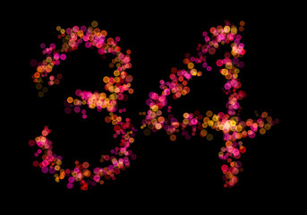 Number Thirty-four, 34, made with multicolored bokeh lights effect, Bokeh on black background, Digit, Blur, Glitter, Defocused, Seamless polka dot pattern, Illustration design