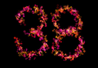 Number Thirty-eight, 38, made with multicolored bokeh lights effect, Bokeh on black background, Digit, Blur, Glitter, Defocused, Seamless polka dot pattern, Illustration design