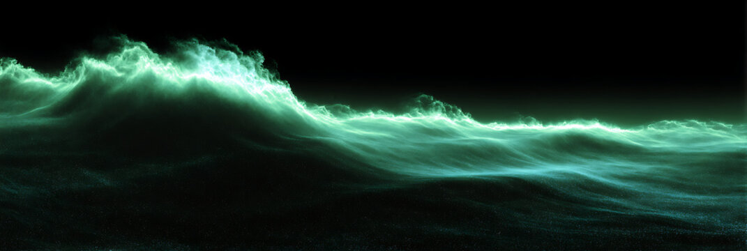 Abstract glowing green digital wave wireframe on black background, audio sound frequency or technology signal concept