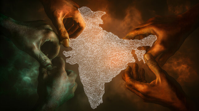 Indian Map in Tricolour Gradient with Diverse Human Hands United Around the Nation - Republic Day, Independence Day concept 
