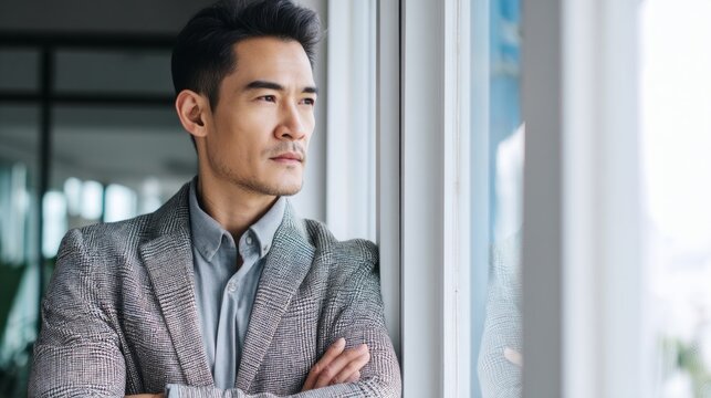 A man in a smart gray blazer stands by a large window, arms crossed, looking pensively outside. Sunlight brightens the contemporary office space, enhancing his thoughtful expression - Powered by Adobe