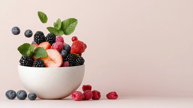 A bowl of fresh fruit salad with blueberries, blackberries, raspberries, strawberries, and mint leaves on a pink background. Healthy food concept.