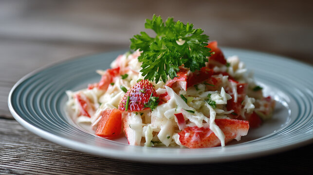 Fresh crab salad with cabbage, red bell pepper, parsley, and creamy dressing on plate, healthy and vibrant lunch option