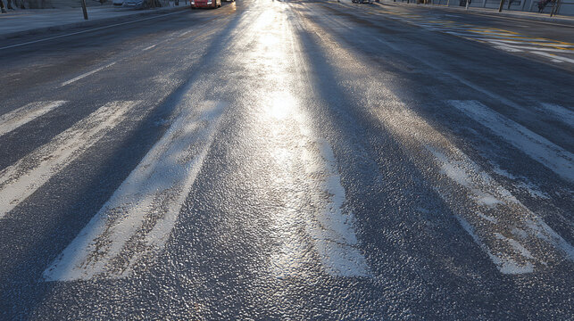 A sunlit zebra crossing on a wintery street, leading the eye into the distance