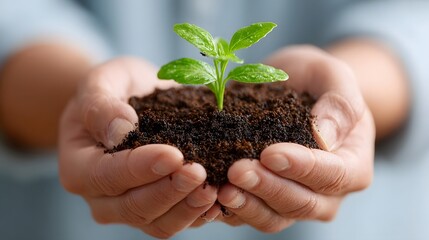 A close up shot of cupped hands carefully holding a small vibrant green plant sprouting from rich dark soil representing new life hope and environmental care