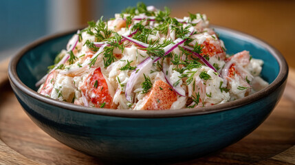 Fresh crab salad with creamy dressing, red onion, dill, and herbs in blue bowl, perfect for summer meals and healthy eating