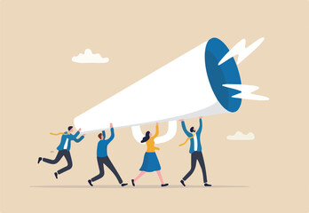Marketing communication, announce promotion or communicate with employees, community or organization speech, loud voice or announcement concept, business people PR public relation shout on megaphone.