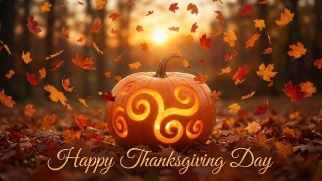 Happy Thanksgiving Day text with glowing carved pumpkin and falling autumn leaves at sunset