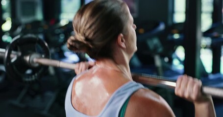 Sports, weightlifting and back of woman in gym for workout, training or bodybuilding for strength. Health, athlete and person with barbell equipment for exercise with bicep growth in fitness center. - Powered by Adobe