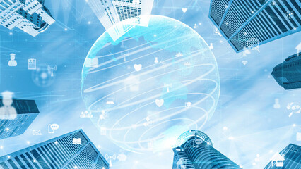 This image features a modern cityscape with a digital overlay, highlighting themes of technology, connectivity, and global interaction under a blue sky. Xenic