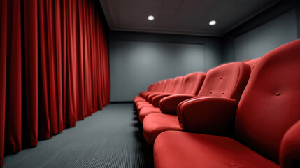 Red theater seat empty cinema red curtain modern auditorium soft lighting comfortable atmosphere entertainment venue anticipation