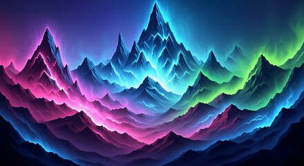 Abstract illustration of vibrant glowing mountain range under a colorful sky