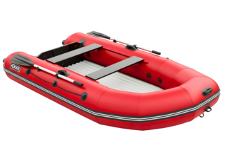 Red inflatable rubber boat with oars isolated on white background.
