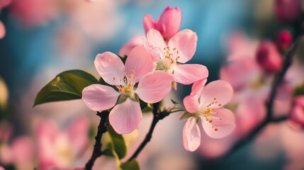 Obraz premium Close-up view of delicate pink blossoms in soft natural light capturing the beauty and freshness of springtime flora.