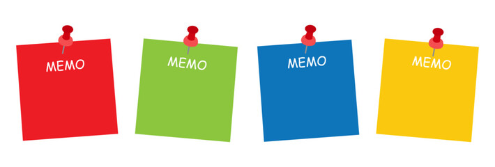Four red, green, blue and yellow memo reminder with pushpin and shadow isolated on white or transparent background.