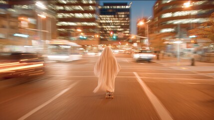 Skater in a ghost costume riding through a city intersection at dusk