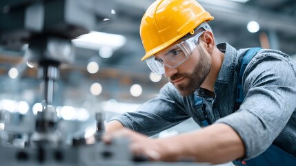 A skilled male professional wearing a yellow hard hat and protective goggles is engrossed in operating complex industrial manufacturing equipment highlighting safety and precision in the workplace