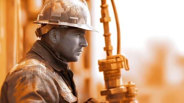 Close up profile of a determined rugged industrial worker with a dirt stained hard hat and work clothes focused on his task near complex oil or gas industry equipment