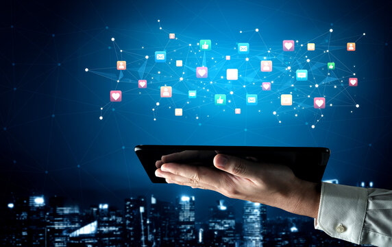 Social media interaction digital icons floating show concept of social media marketing. Online engagement, influencer marketing, and modern connection technology. Spline