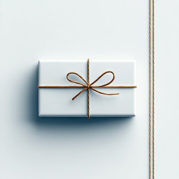 A white gift box tied with brown string and a bow, presented on a white background, viewed from above.