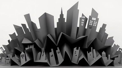 Abstract 3D cityscape with folded paper skyscrapers in monochrome