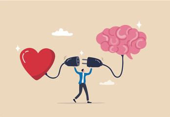 Emotional Intelligence, EI or control feeling and emotion with logical thinking brain, empathy or social skill, self control or balance concept, man connect heart feeling with logical thinking brain