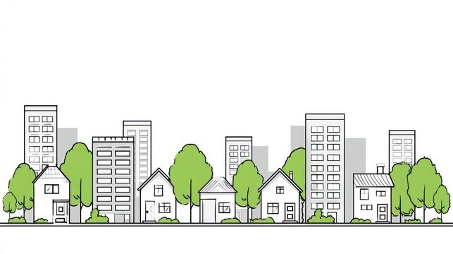 cityscape buildings and trees, black and white clip art preview