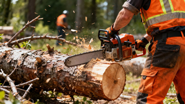 Lumberjack wearing safety gear using a chainsaw to cut through a fallen tree trunk with wood chips flying